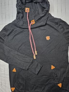 Naketano Charcoal Black Cowl Neck Hoodie Rope Drawstring Vegan Leather Trim S